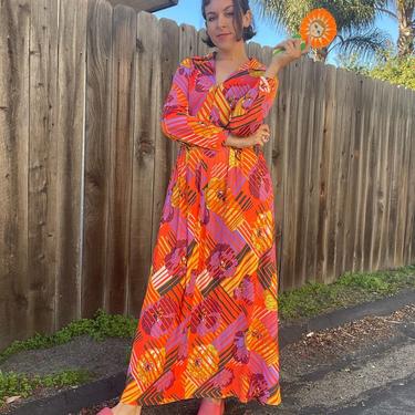 1970s trippy geometric floral maxi dress, psychedelic, small 