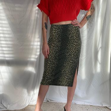 90s Leopard Skirt / Slinky Slit  Leopard Printed Midi Skirt / Nineties Skirt / 1990's Stretchy Body Con Skirt 