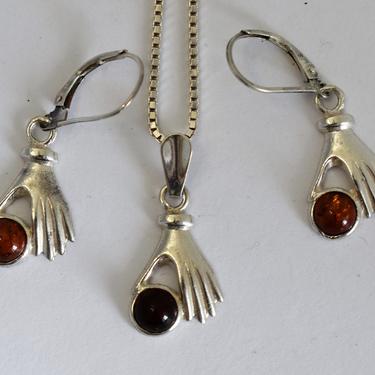 Unusual 60's Victorian style 925 sterling silver abstract hands holding red amber fruit earrings &amp; necklace demi-parure 