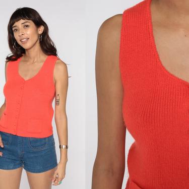 70s Knit Tank Top Sleeveless Orange Sweater Vest Tank Button Up 1970s Knitwear Retro Vintage Acrylic Knitted Shirt Small 