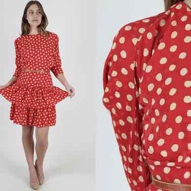 Red Polka Dot Dress / Silk Peplum Tiered Mini Dress / Vintage 80s Cut Out Back / Spotted Beige Cocktail Evening Party Pencil Dress 
