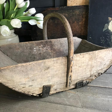 French Rustic Wood Trug, Bentwood Handle, Garden, Large Berry Picking Basket, French Country Farmhouse 