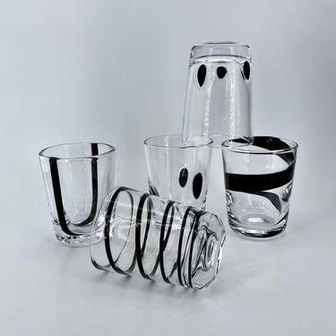 4 1980s Art Glass Whiskey Glasses Heavy Spirals Stripes Polka Dots Vintage Late Mid-Century Post-Modern 