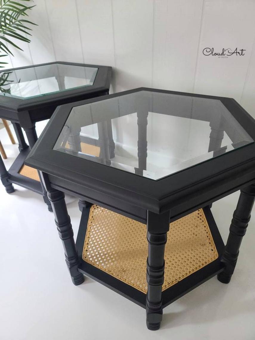 Vintage Cane Rattan Furniture Glass Top Two Tiered End Tables Cloud