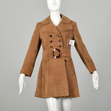 Small 1960s  Trench Coat Mod Suede Leather Double Breasted Jacket 