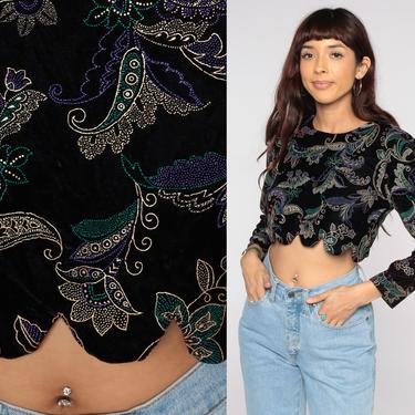 90s Velvet Top Paisley Shirt Long Sleeve Crop Top Black 1990s Party Top Scalloped Vintage Velvet Cropped Small 4 