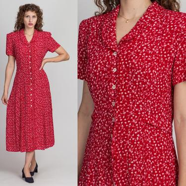 Vintage Red Floral Grunge Dress - Large | 80s 90s Button Up Short Sleeve Maxi 