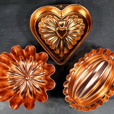 Set of 3 Copper Jello Molds - Vintage Copper Cake Molds - Small Copper Baking Pans - Two 3 1/2 Cup and One 2 1/2 Cup Pans - FREE SHIPPING 