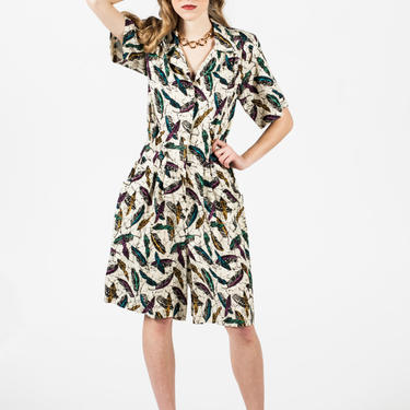 Vintage 80s Feather Print Midi Romper Sz 10 