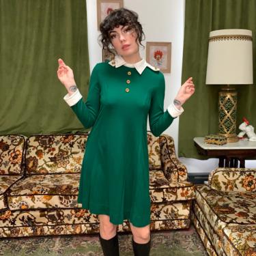 70’s FROEST GREEN DRESS - cute collar - large 