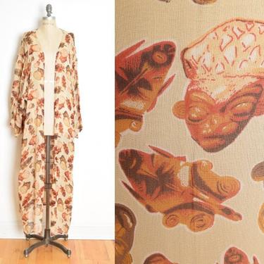 vintage 90s duster jacket beige semi-sheer faces masks African tribal print top XXL plus size 