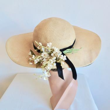 Vintage 1940's Fine Natural Straw Wide Brim Sun Hat with Delicate White Flowers Trim Spring Summer Garden Party 40's Millinery Leslie James 