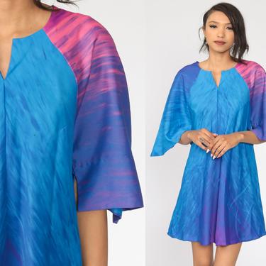 70s Mini Dress BELL SLEEVE Dress Blue Psychedelic Ombre Gradient Dress Long Sleeve Vintage 1970s Twiggy Purple Small 