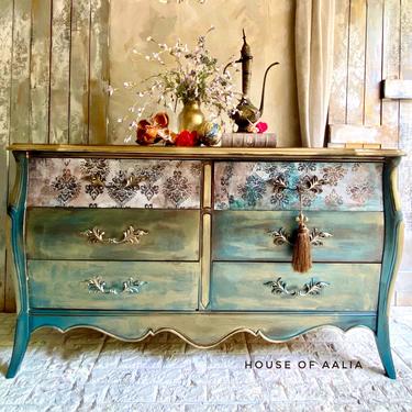 Teal and Gold French Country Dresser | Boho French Provincial Dresser | English Roses | Eclectic Living Room. 