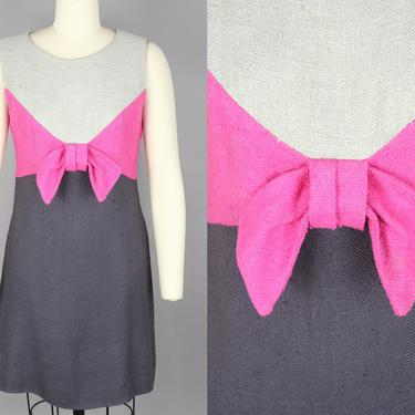 1960s Bow Dress | Vintage 60s Tri Color Mini Dress | Small 