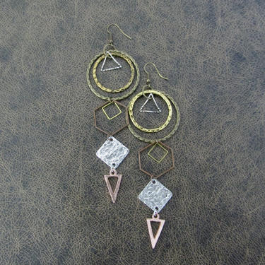 Long geometric earrings, Large bold statement earrings, unique modern earrings, ethnic earrings, mixed metal earrings, exotic hippie 45 