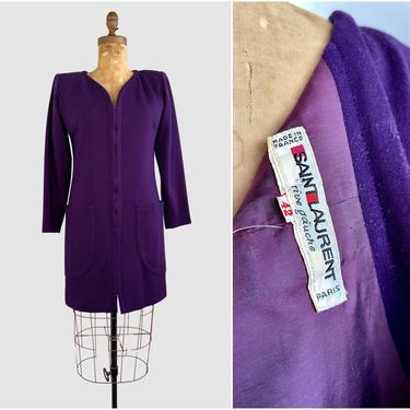 SAINT LAURENT Rive Gauche Vintage 80s Dress | 1980s Purple Knit Minimalist Tunic | Made in Paris France, Parisian Designer | Size 42 Medium 