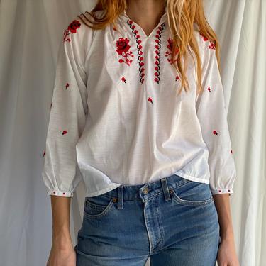 Vintage Penny Lane Blouse / Red and Black Threading / Semi Sheer Hippie Blouse / Embroidered Cotton Peasant Blouse 