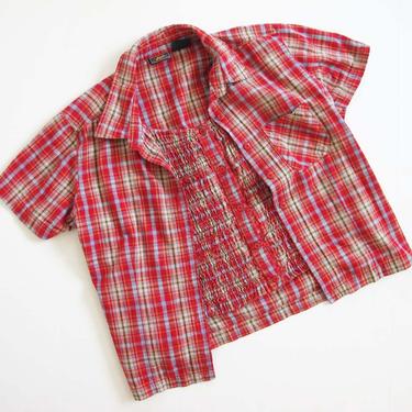 Vintage 90s 2000s Red Plaid Blouse M - Cotton Plaid Short Sleeve Shirt - Plaid Button Up - Camp Blouse - Smock Top - 