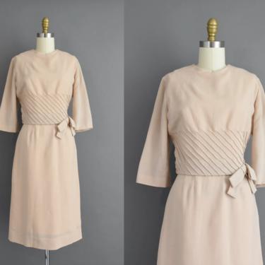 vintage 1950s dress | Beautiful Oatmeal Wool Cocktail Party Pencil Skirt Dress | Small | 50s vintage dress 