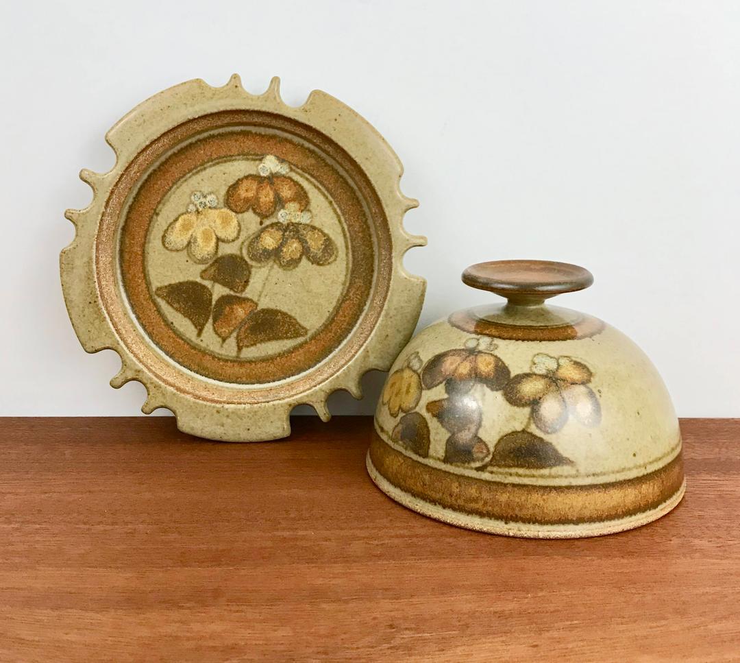 Unique stoneware butter dish / vintage signed studio pottery