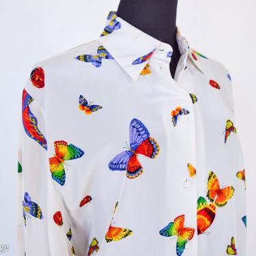 1990s Butterfly Print Silk Blouse | 90s Creme Butterfly &amp; Ladybug Silk Blouse | ISHYU | Large 