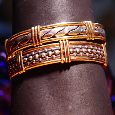 Vintage 14K Gold Wash Sterling Silver Wire Wrapped Bangles, Braided/Textured Two-Tone Bracelets With Hook Clasp, Stackable Bangles, 6 1/4&amp;quot; L 