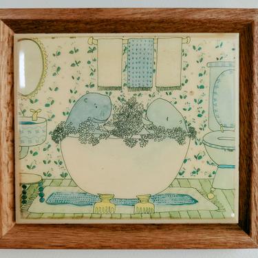 Vintage Susan Verble Gantner Framed Art Tile | Hippos and Bubbly in a Bathtub | Kimberly Enterprises CA 