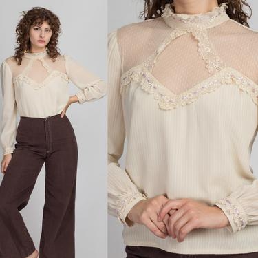 70s Does Victorian Striped Blouse - Medium | Vintage Ivory Lace & Lilac Satin Boho High Collar Top 