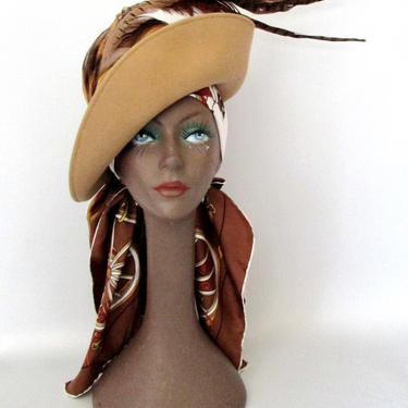 Vintage Michelle Tan Wool Doeskin Felt Pheasant Feather Fedora Hat Vintage Tan Michelle Doeskin 100% Wool Felt Hat Fedora Brim  main image 3