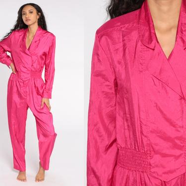 Shiny Pink Jumpsuit 80s Jumpsuit Hot Pink Tapered Pant Button up High Waisted 90s Onesie V Neck Disco Vintage Pantsuit Long Sleeve Medium 