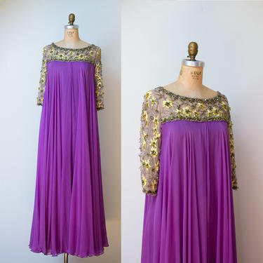 1960s Purple Chiffon Evening Gown / 60s Black Tie Formal Dress Beaded Embroidered 