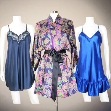 Satin Robe Chemise Nightie Set, Medium / Colorful Vintage Lingerie Party Bundle / Silky Short Nightgown Floral Robe Lot Sleepwear Loungewear 