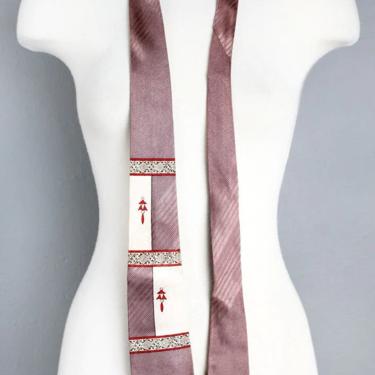 Vintage Mens Neck Tie 1950's, 1960's Thin Tie Cravat Rockabilly Rayon Silk Geometric Swing Grey Mauve Purple 