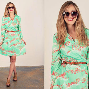 60s Shift Dress Vintage Green Mint Floral Print Psychedelic Dress 