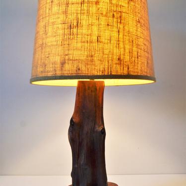 Vintage Hard Wood Log Folk Art Lamp with Burlap Shade 