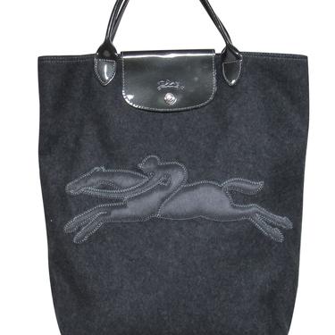 Longchamp - Dark Grey Wool Snap “Victoire” Tote w/ Embroidered Logo