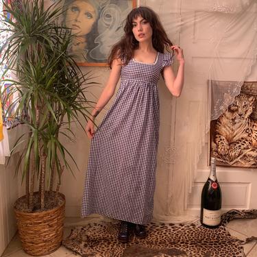 70's GINGHAM MAXI DRESS - cap flutter sleeves - square neckline - empire waist - x-small/small 