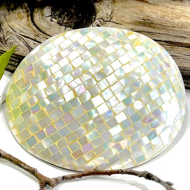 VINTAGE: 1980s - Sommai Mother of Pearl Shell Mosaic Buckle - Elastic Stretch Belt Buckle - Retro - SKU 34-252-00006022 