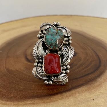 DOUBLE UP Sterling Silver, Turquoise, & Coral Ring | Large Statement Ring | Native American Navajo Jewelry | Southwest | Size 9 