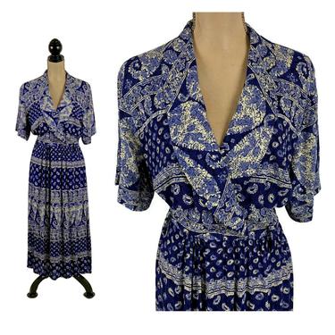 90s Indigo Block Print Maxi Dress, Rayon Blue Paisley Short Sleeve Blouson Surplice, 1990s Clothes Women Vintage Nini Piccalino Medium Large 