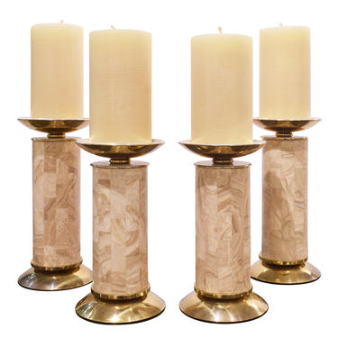 Karl Springer Set of 4 Candle Holders in Travertine and Brass 1980s