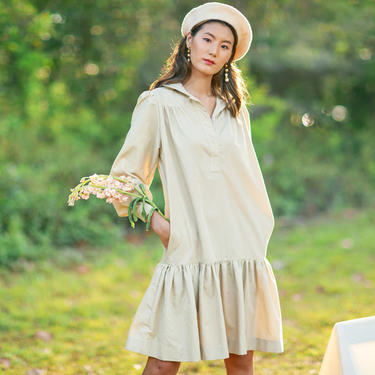 60s Tan Ruffle Oversize Midi Dress Vintage Khaki Long Sleeve Statement Dress 