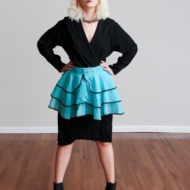 Size OS, 1950s Teal Ruffled Apron - Tulle - Layered - Sheer - Blue and Black - Mad Men 