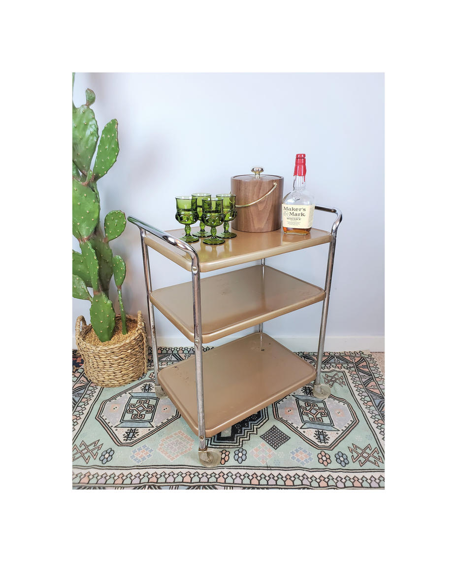 Vintage Cosco Bar Cart Gold MCM 3Tier Rolling Beverage/Tea/ Savage