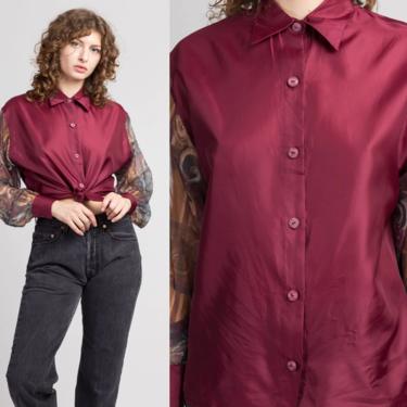 80s Wine Red Sheer Sleeve Top - Extra Large | Vintage Collared Button Up Blouse 