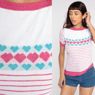 80s Heart Top Short Sleeve Sweater Top Striped Knit Shirt V Neck White Pink Vintage Hipster Top Ringer Tee Boatneck Small 