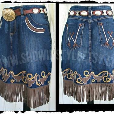 Wrangler Vintage Western Retro Cowgirl Skirt, Fringed Skirt with Longhorns &amp; Lassos, Rockabilly Skirt, Tag Size Large (See meas. below) 