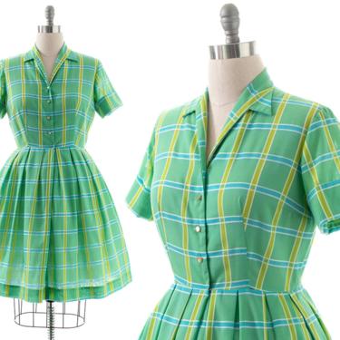Vintage 1960s Shirt Dress | 60s Plaid Cotton Blend Green Fit and Flare Full Skirt Shirtwaist Day Dress (medium) 
