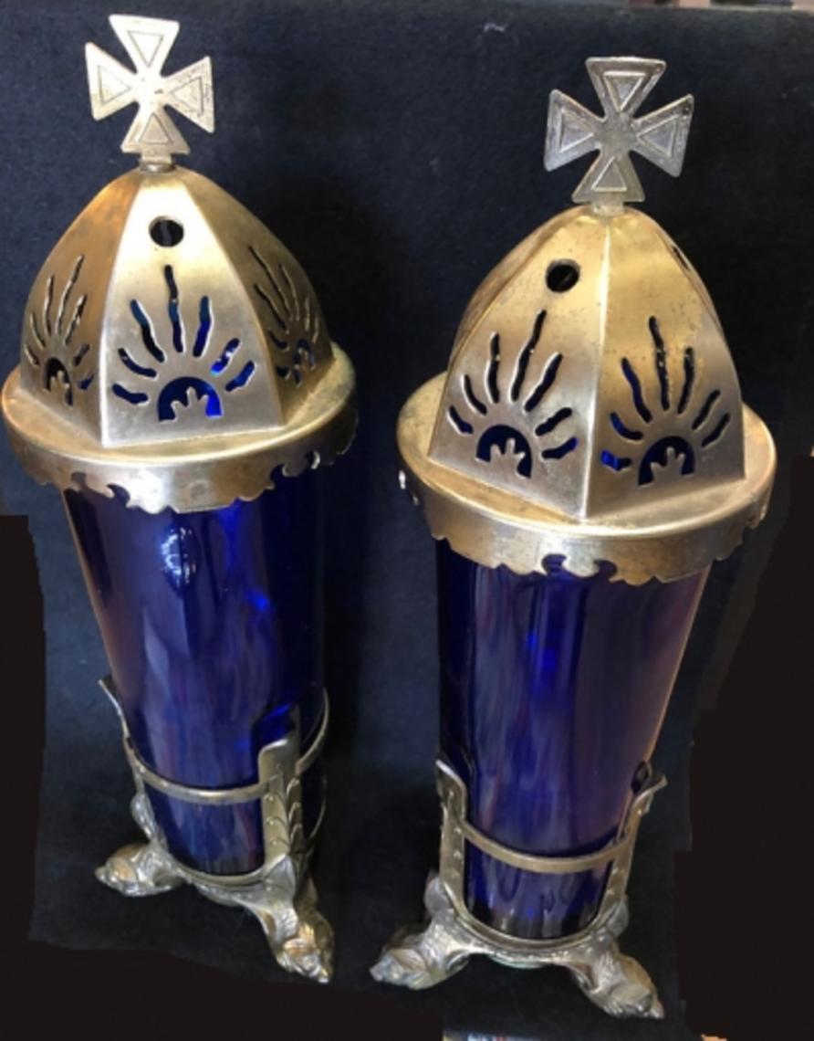 Pair Vintage Catholic Church Sanctuary Cemetery Blue Glass Votive Candle Holder Ornate CastBase ...